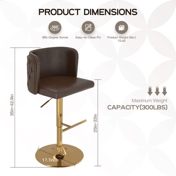 dimension image slide 2 of 4, Swivel Bar Stools Set of 2, Modern PU Bar Stools with Backs - Counter Height