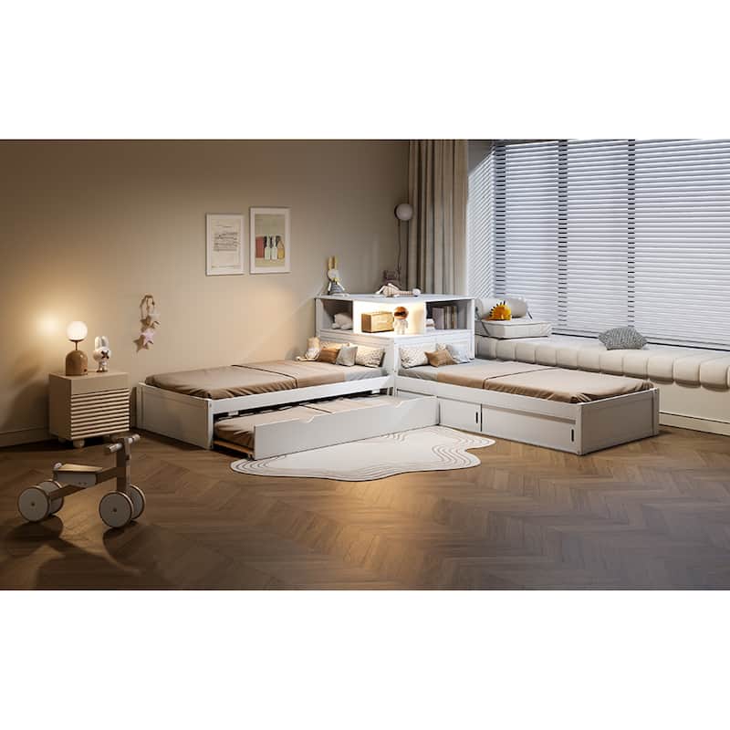 Roomfitters Twin L-Shaped Platform Bed with Trundle, Storage Cabinets and LED Desk