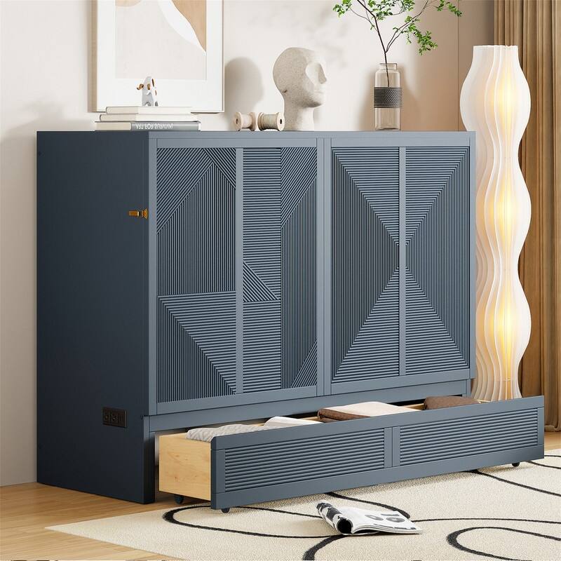 Full/Queen Size Murphy Bed Wall Bed with a Large Storage Drawer, Foldable Murphy Cabinet Bed with USB Ports and Outlets