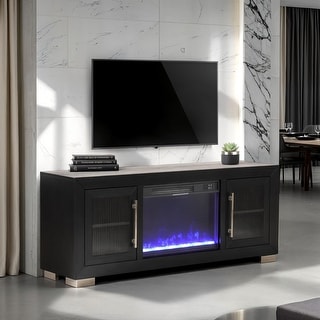Furniture of America Fionna Modern Black Electric Fireplace TV Stand with LED and Shelves