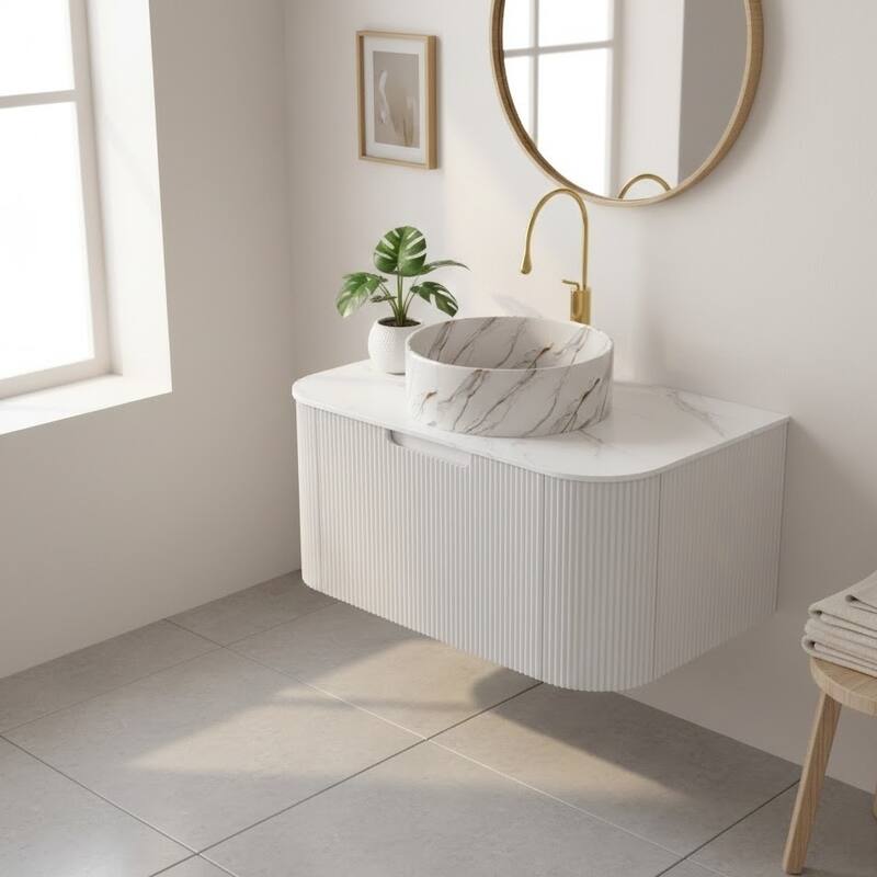 Floating Bathroom with Round Ceramic Basin and Storage Drawer