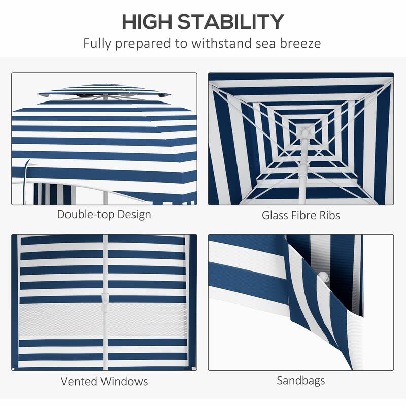Outsunny 5.8' x 5.8' Portable Beach Umbrella with Double-top, Ruffled Outdoor Cabana with Vented Windows, Sandbags