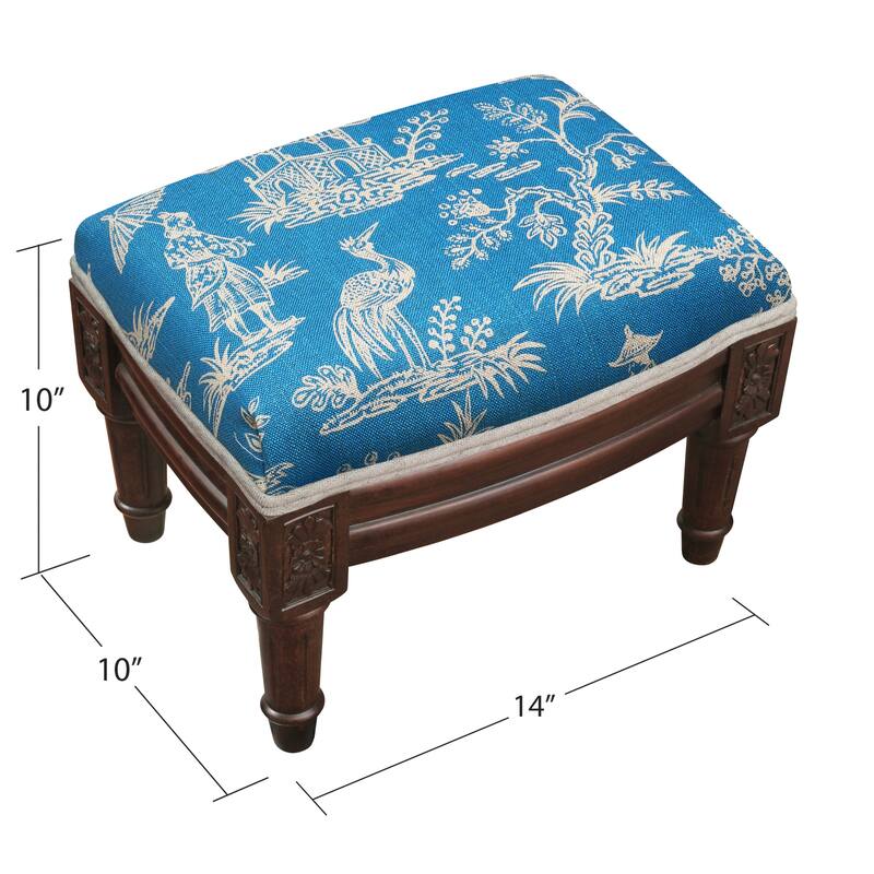 French Blue Chinoiserie Footstool with wood stained finish