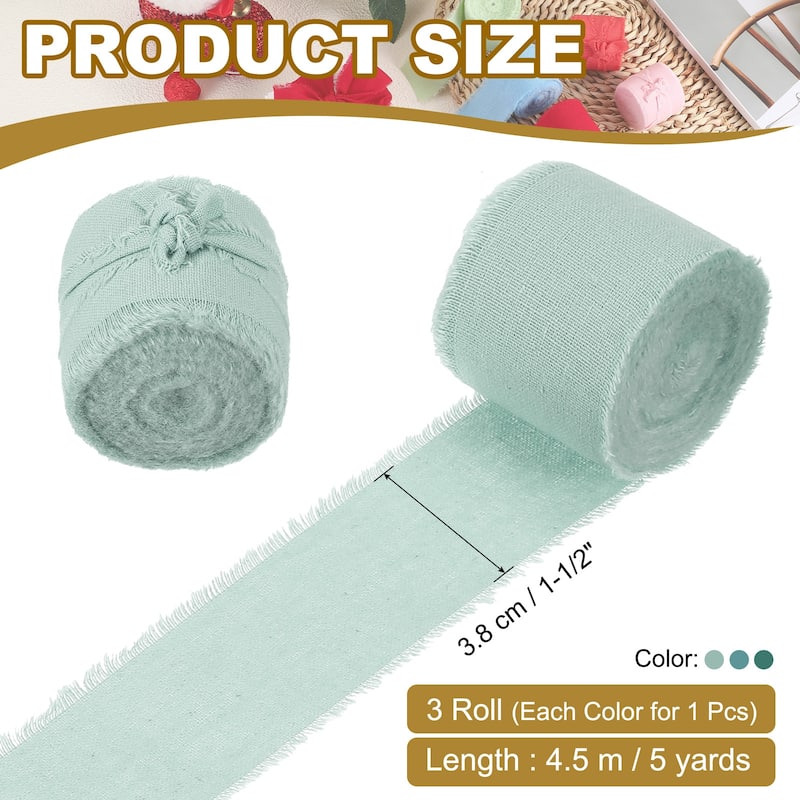 1-1/2"x15 Yd Handmade Fringe Cotton Ribbon Frayed Ribbons 3 Roll - 5Yd - Grass Green/Turquoise/Dark Green