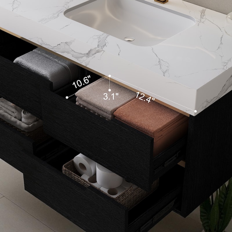 35.4" Modern Bathroom Vanity with Sintered Stone Top, Undermount Sink, 4 Drawers, Freestanding or Wall-Mounted