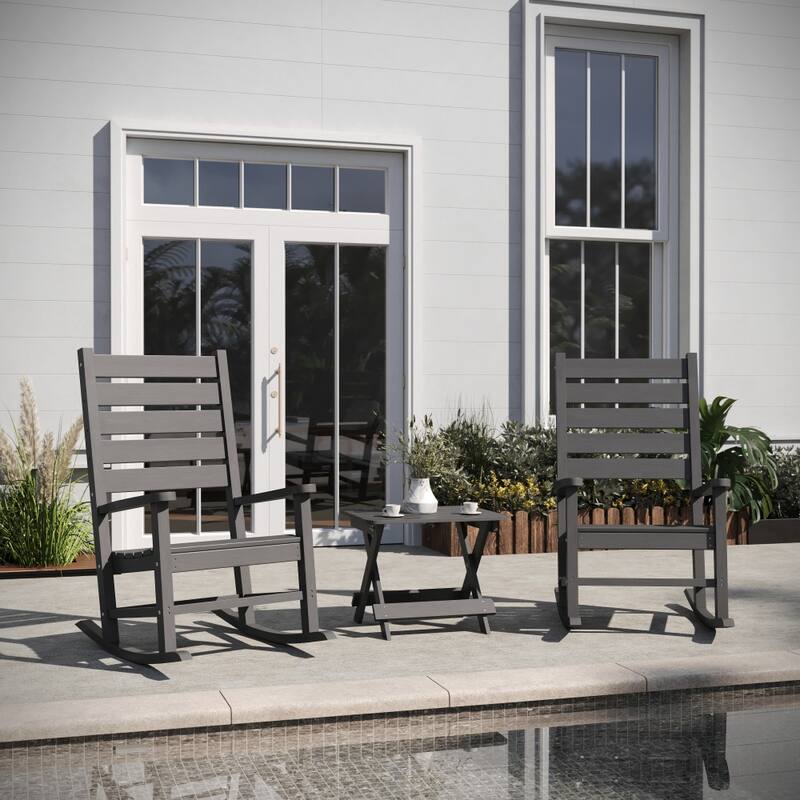 3pc Commercial Indoor/Outdoor Set with 2 Rocking Chairs and End Table - Gray