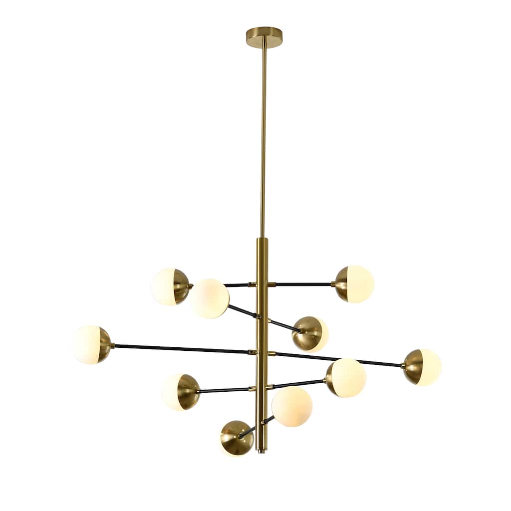 10-Light Brass And Black Chandelier With Glass Shades