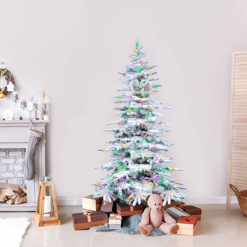 Fraser Hill Farm 6.5-Ft. Flocked Mountain Pine Christmas Tree with Multi-Color LED String Lighting - 6.5 Foot