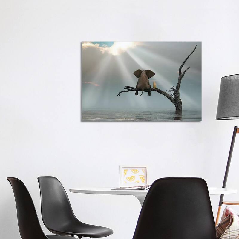 iCanvas "Elephant And Dog Are Sitting On A Tree Fleeing A Flood" by Mike Kiev Canvas Print - 26x40x1.5