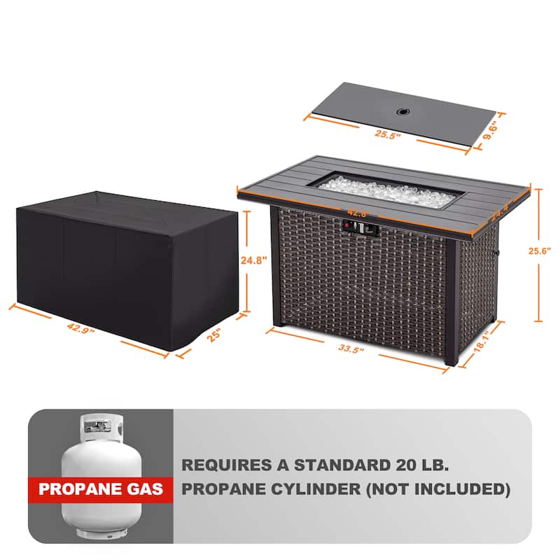 Outdoor 43-inch 50,000 BTU Propane Gas Fire Pit Table, Aluminum Tabletop and PE Rattan Weaved Iron Frame,