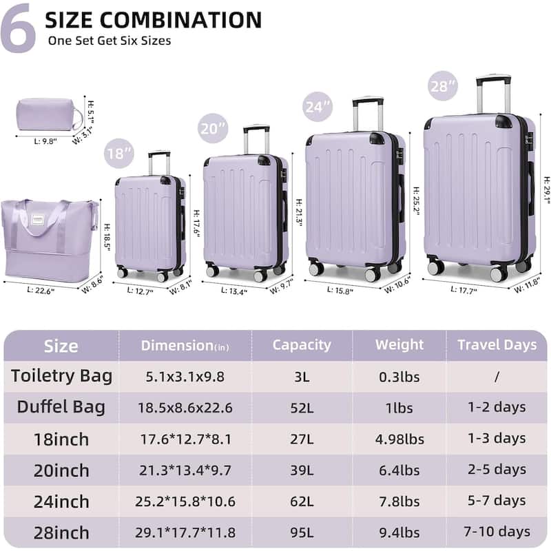 6-Piece, Luggage Sets, Hard-Shell Expandable Luggage with Travel Bag, Spinner Wheels and Combination Lock, for Boarding Travel