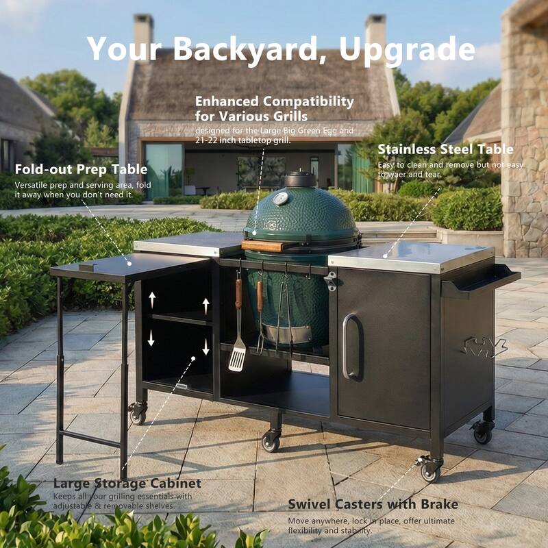 72.4" Metal Large Grill Table for Large Big Green Egg with Fold-out Prep Table, Adjustable Shelves, Spice Rack