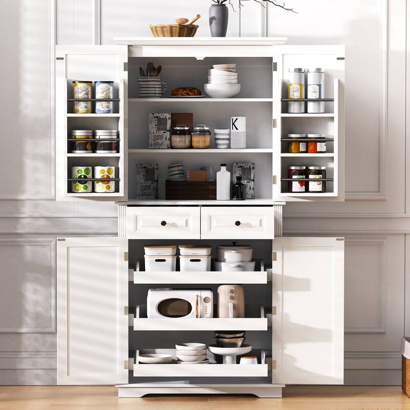 71" Farmhouse Pantry Cabinet with 3 Pull-Out Organizers, 6 Shelves & 2 Drawers – Freestanding Storage.