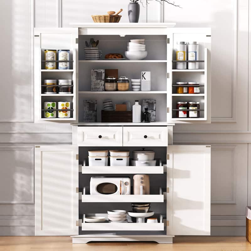 Kitchen Pantry Cabinet with 3 Pull Out Trays, Freestanding Buffet Cabinet with Adjustable Shelves, 2 Door Organizers & 2 Drawers