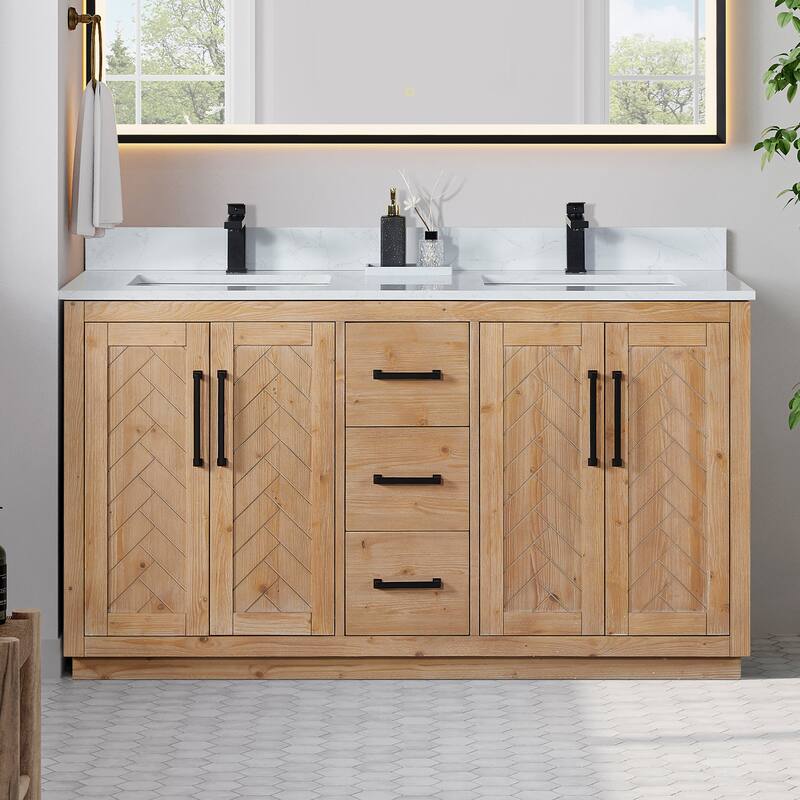 Anais 3Single Bathroom Vanity in Light Brown with Grain White Engineered Stone Countertop without Mirror - 60inch