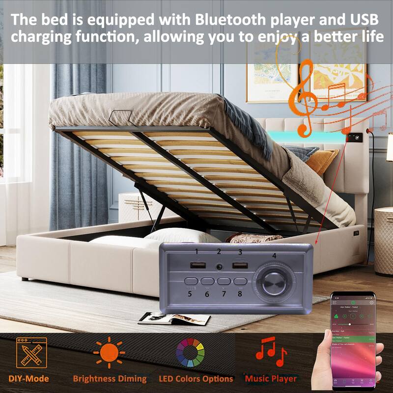 Upholstered Bed Queen Size with LED light, Bluetooth Player and USB