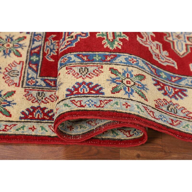 Red Geometric Kazak Foyer Rug Hand-Knotted Oriental Wool Carpet - 3'5" x 5'2"