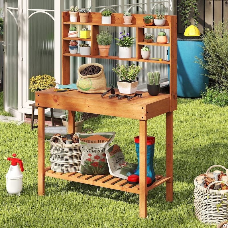 Gymax 61'' Wooden Potting Bench Table w/3-Tier Open Shelf Flip-up