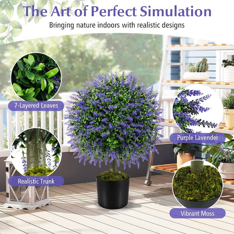 23" Artificial Lavender Topiary Ball Tree Set with Pot Faux Boxwood Shrub for Home Decor