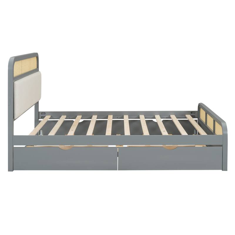 Rattan Platform Bed Queen Wooden Bed Frame with Twin Trundle and 2 Drawers, Headboard with Padded Cushion Mattress Not Included