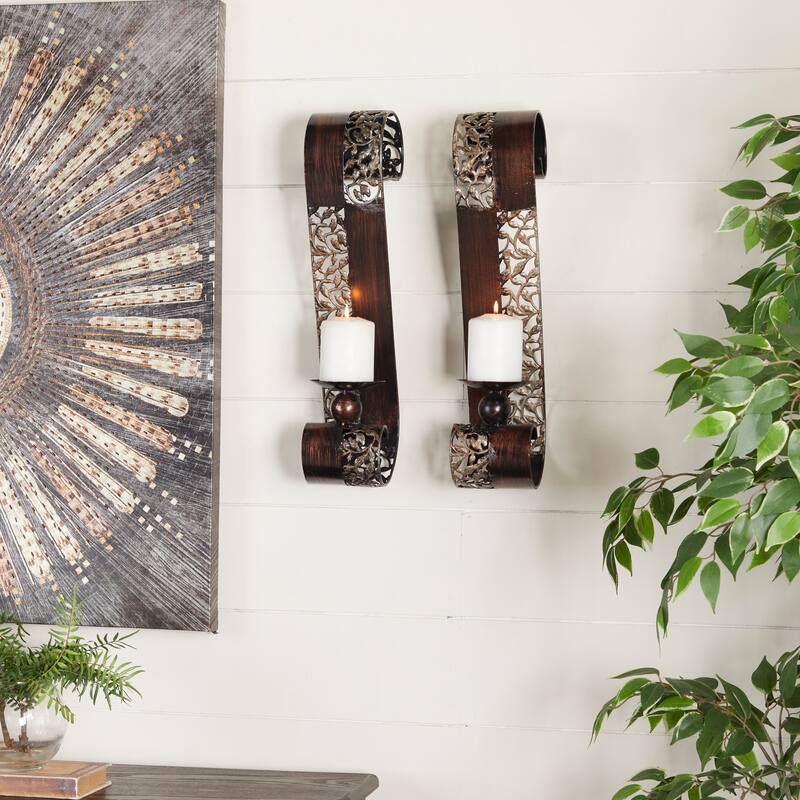 Brown Metal Cutout Leaf Wall Sconce with Scrolled Edges (Set of 2) - S/2 21"H, 4"W - Brown