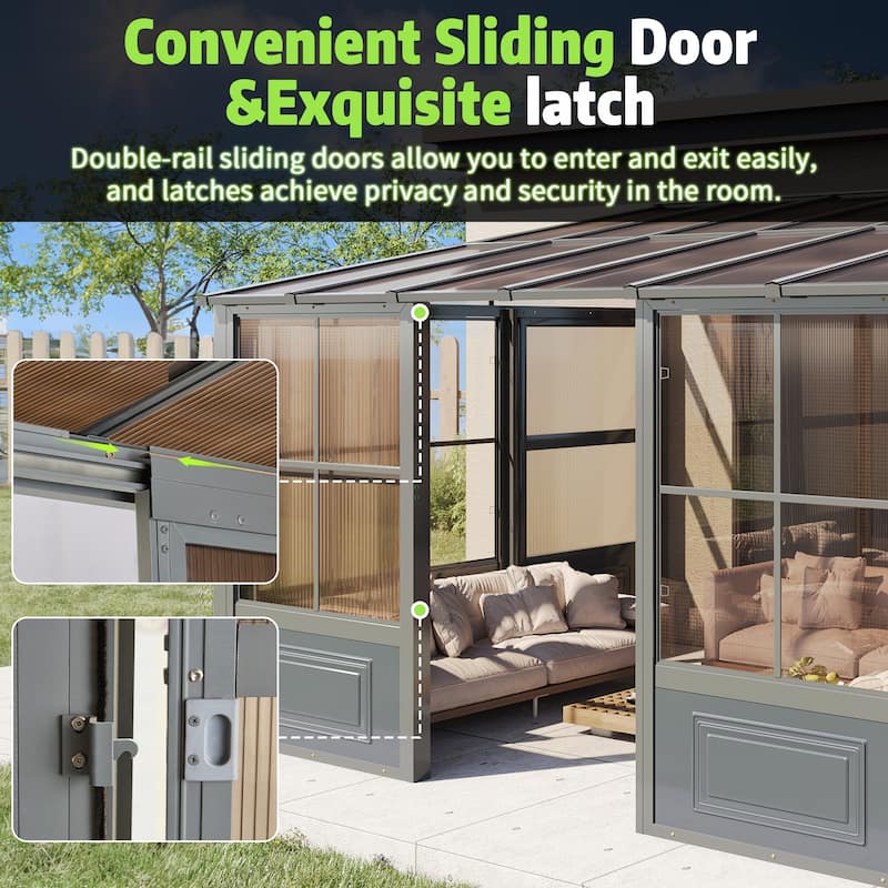 Outdoor Solarium Sunroom,Patio Hardtop Gazebo,All-Season Aluminum Patio Gazebo with with Sliding Doors and Screens