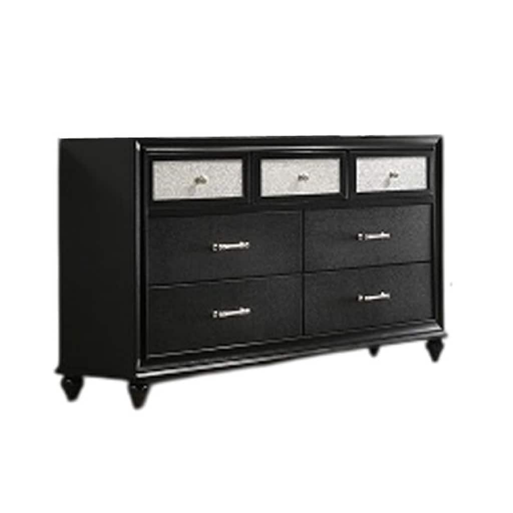 Lexi 2pc Dresser and Mirror Set, 7 Drawers, Silver Handles and Knobs, Black