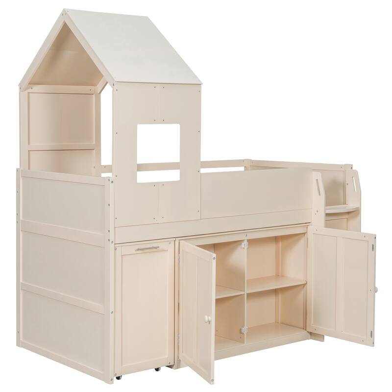 House-Style Kids Loft Bed Frame with Cabinets, Desk, Twin Size Wooden Loft Bed with Safety Guardrail & Storage Ladder