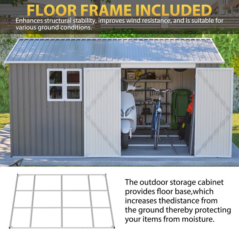 12x10 FT Waterproof Steel Garden Shed with Lockable Doors for Backyard & Patio