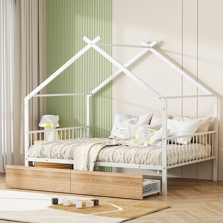 Full Size Metal House-Shaped Platform Bed with Two Storage Drawers ,Adorable Design