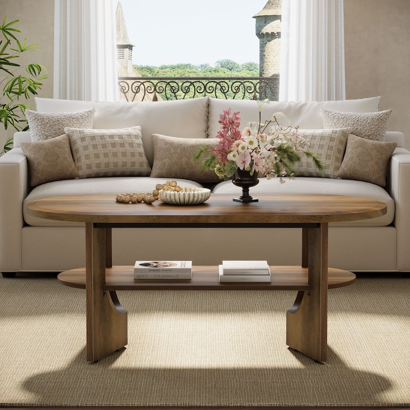 47.24" Oval Coffee Table with 2 Tiers of Shelves, Farmhouse Wooden Center Table