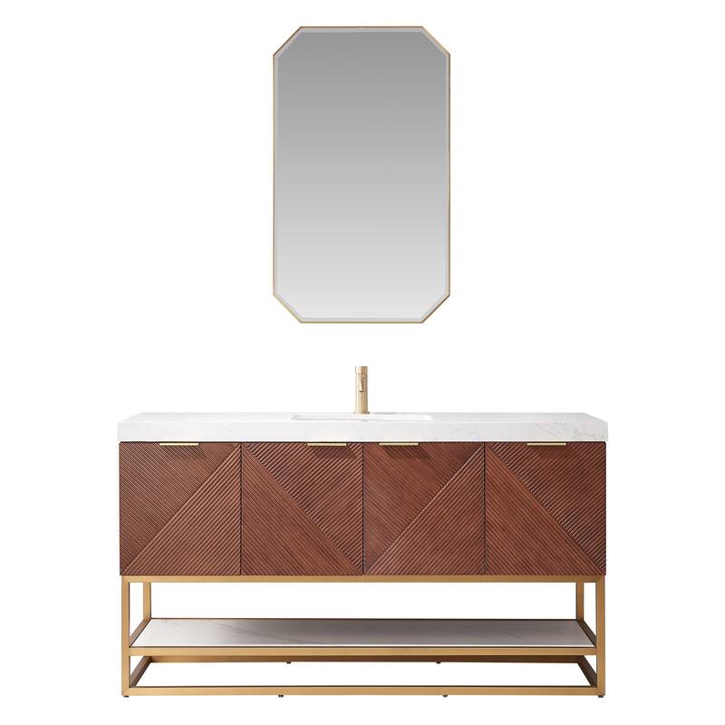 Mahon Single Bath Vanity with Composite Stone Top and Mirror - 60in. - Brushed Gold Base
