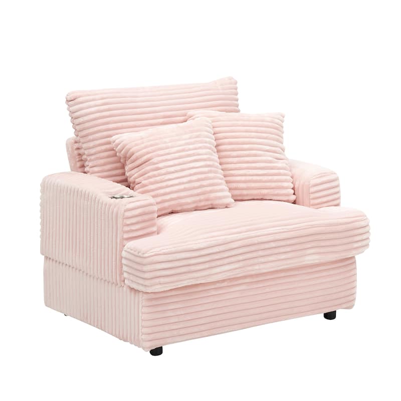 Pink Corduroy Armchair Sofa with Ottoman and Cup Holder