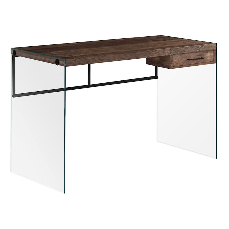 Wood Computer Desk with Glass Base, 1 Drawer and Rectangular Design - Brown-Clear
