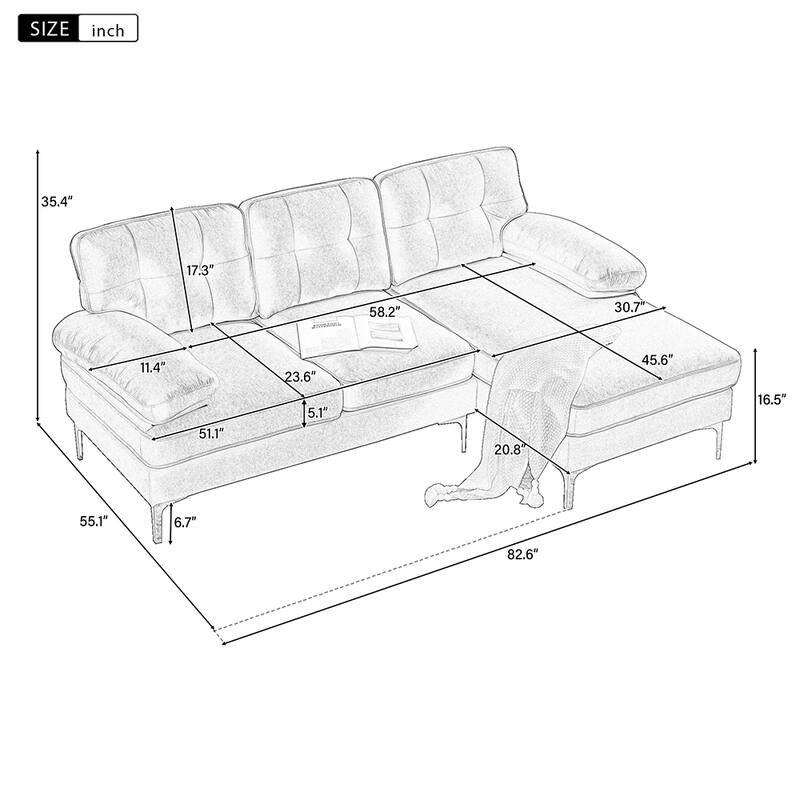 82.6" L-Shaped Sectional Sofa with Velvet Upholstered, Modern Couches