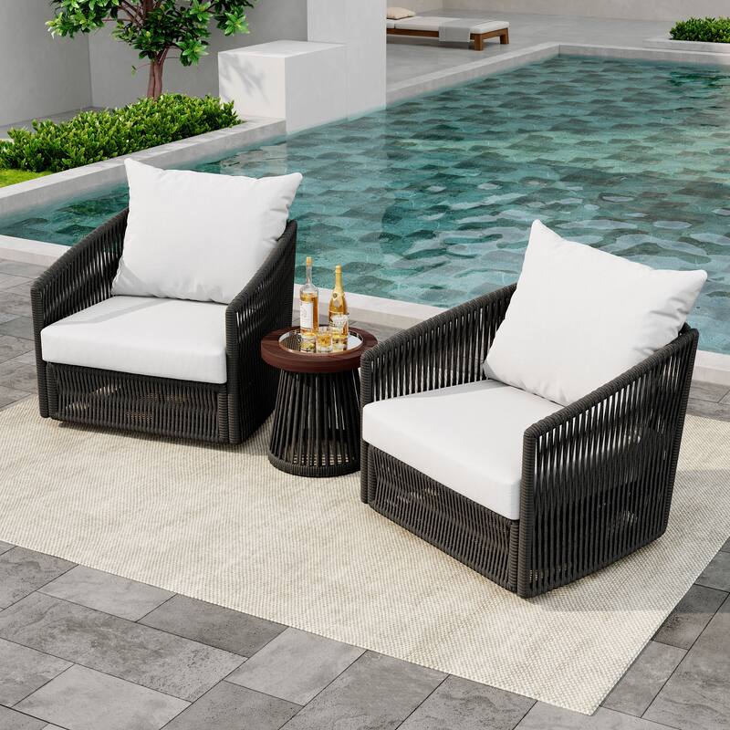 3-Piece Outdoor Rattan Swivel Lounge Chair Set Barrel Chairs for Backyard