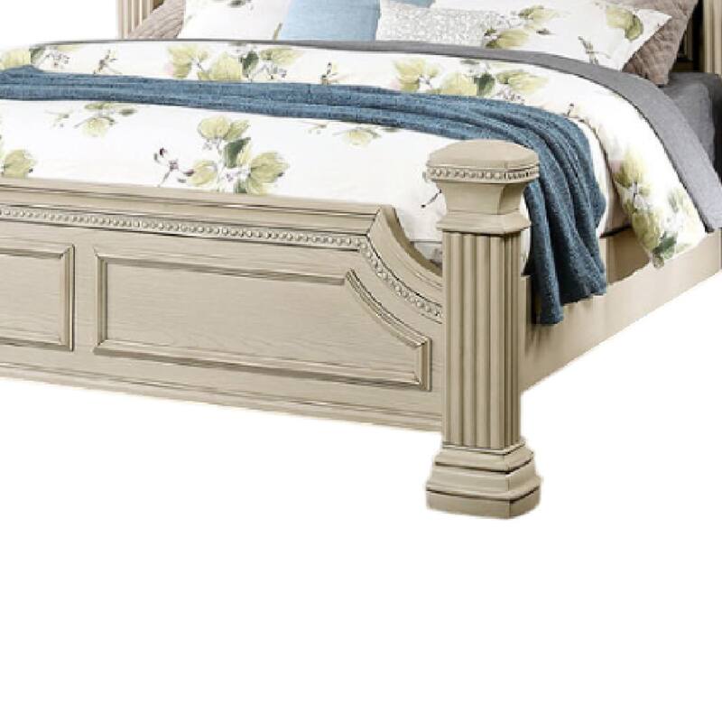 Akia King Bed, Antique White Solid Wood, Reeded Posts, Molded Trim