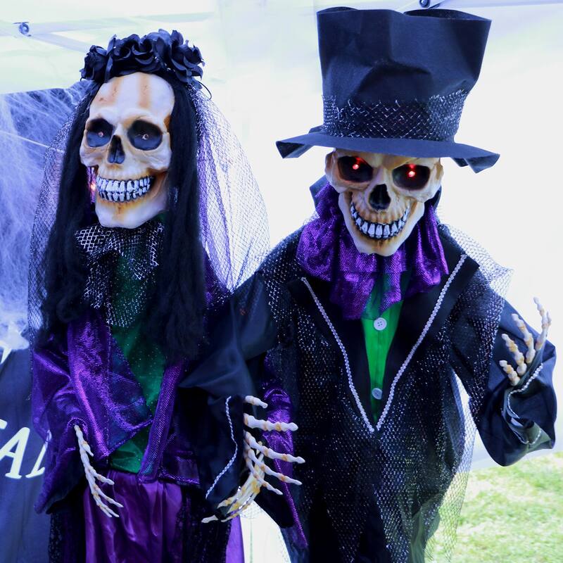 Haunted Hill Farm 5.4-ft. Animatronic Skeleton Groom, Indoor/Outdoor Halloween Decoration, Red LED Eyes, Poseable, Marty