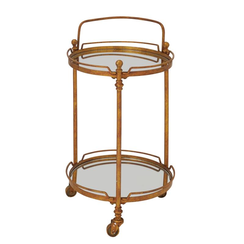 Metal Rolling 2 Mirrored Shelves Bar Cart with Wheels and Handle - Brass - Roche River Decor - 18"W x 19"L x 31"H