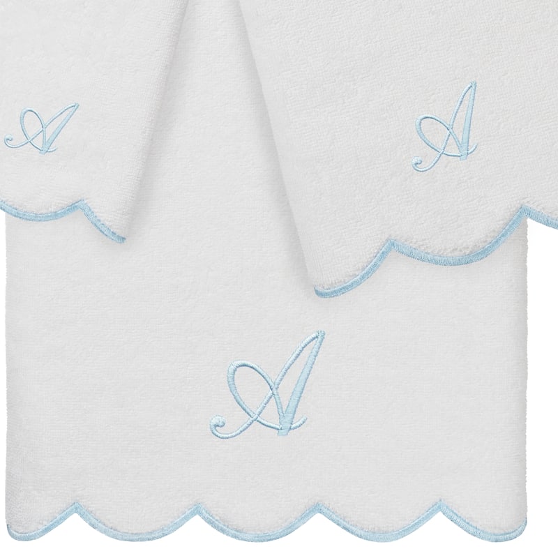 Authentic Hotel and Spa 100% Turkish Cotton Blue ADORNIA Scallop Personalized 3 Piece Towel Set - 3 Piece Set