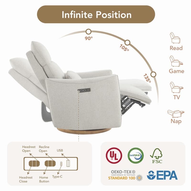 Spruce & Spring Power Swivel Recliner Chair Dual-Motor Nursery Glider with Lumber Pillow