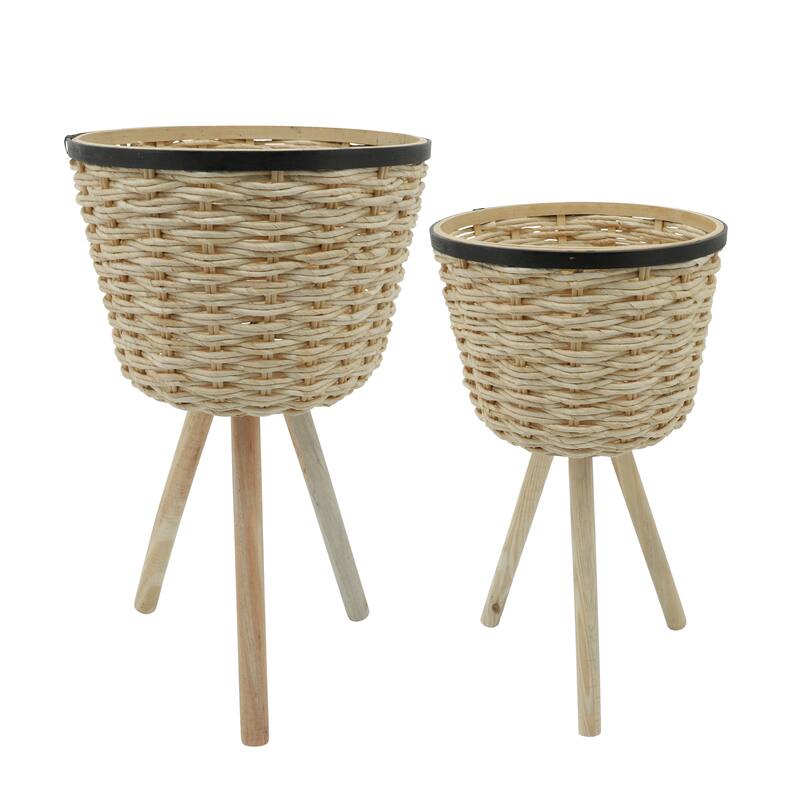 Sagebrook Home Set of 2 Footed Planters, Contemporary Rustic Brown Bamboo and Wicker Textured Decor on Wood Tripod Legs - 13.0" x 13.0" x 24.0" - Tan