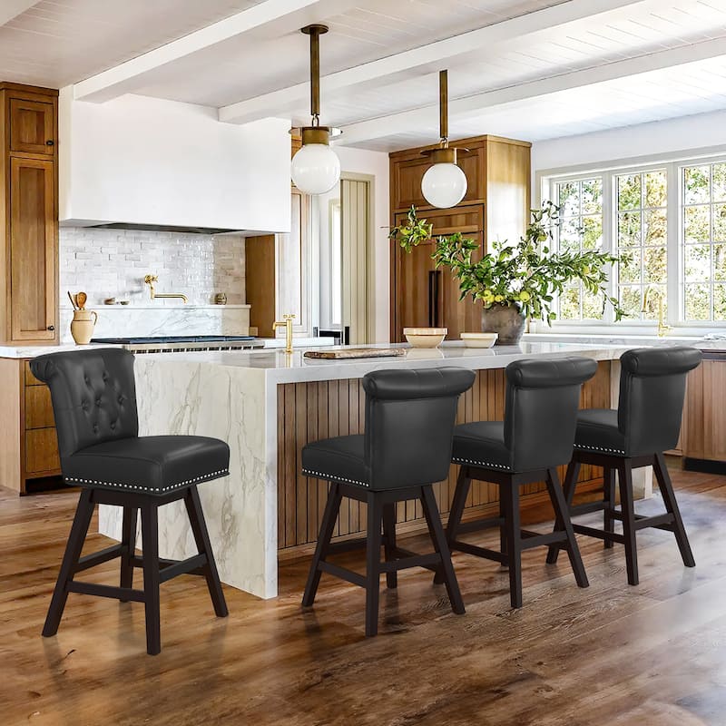 26 in. Set of 4 Bar Stools Counter Height Barstool 360° Swivel with Curved Backrest,Armless Stool - Black/Faux Leather - Counter Height