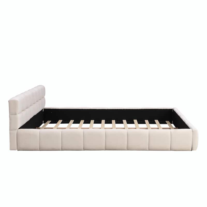 Elegant Beige Chenille Upholstered Bed with Checkerboard Pattern