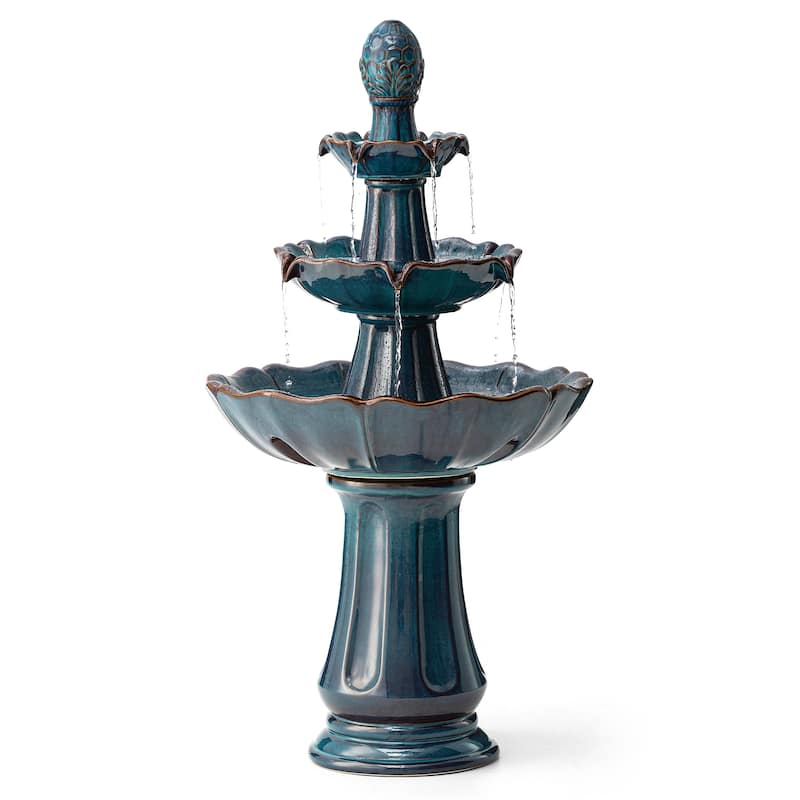 Glitzhome 45"H Oversized 3-Tier Pedestal Lotus Ceramic Resin Outdoor LED Fountains