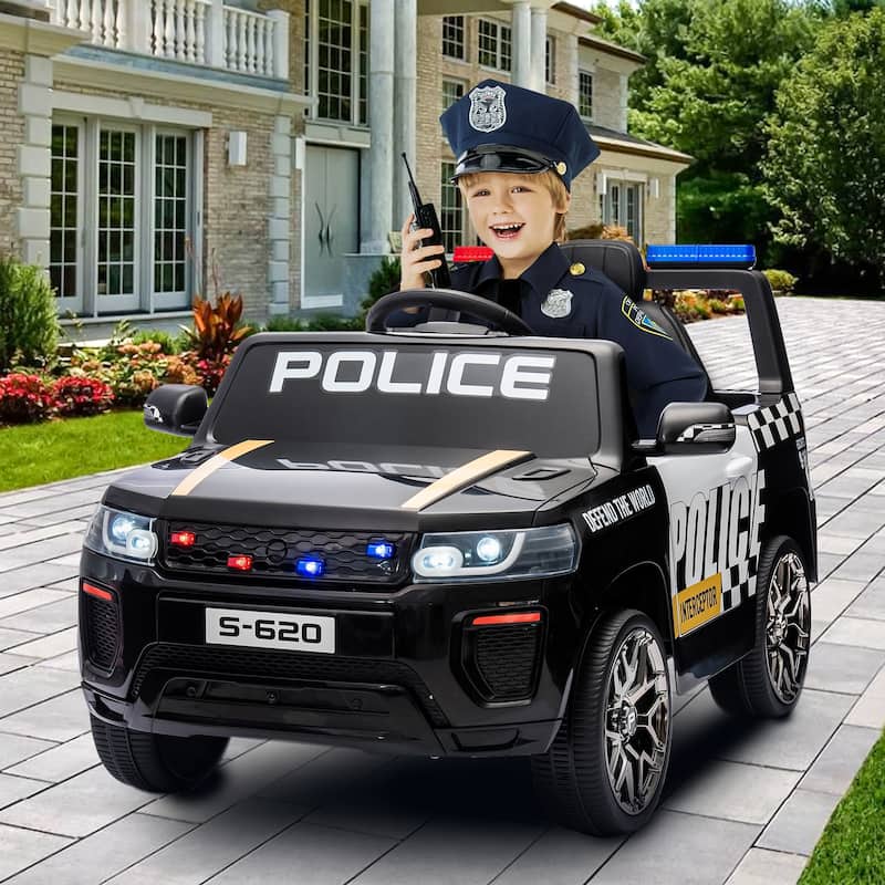 EROMMY 12V 7AH Battery Powered Kids Go Kart with Slow Start Function, with Two Motors Two Speed and Foot Pedal - Black 4-Wheel Police Car