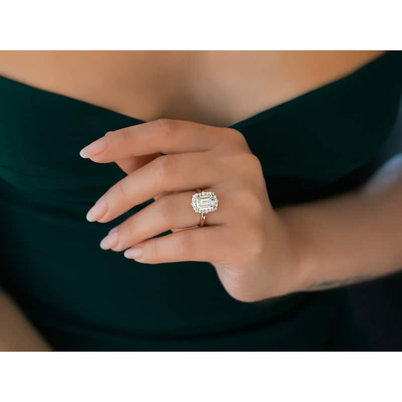 Kobelli August Collection 2.85 Carat Moissanite & Lab Grown Diamond 14k Solid Gold Emerald Rococo Halo Plain Band Elizabeth Ring
