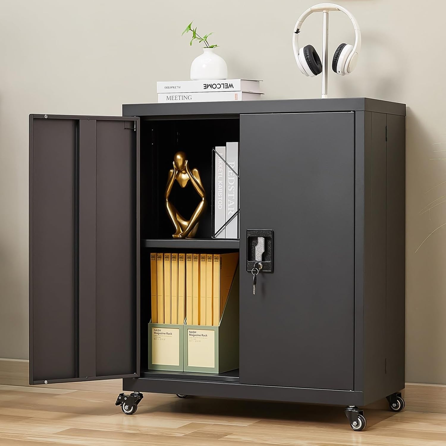 31.5 Inch Metal Storage Cabinet with Wheels, Locking Doors, and Adjustable Shelves for Home and Office Use