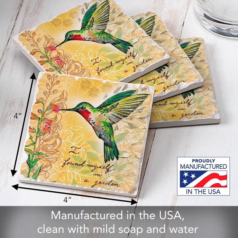 Hummingbird 4-Pack Absorbent Stone Coasters with Protective Cork Backing 4" Square Made in The USA Artistic Easily Wipes Clean