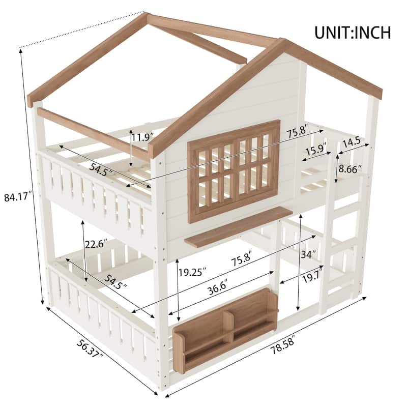 Full/Twin Bunk Bed with Bookshelf, House Design Loft Bed with Safety Fencing, High-Quality Kids Bed Frame